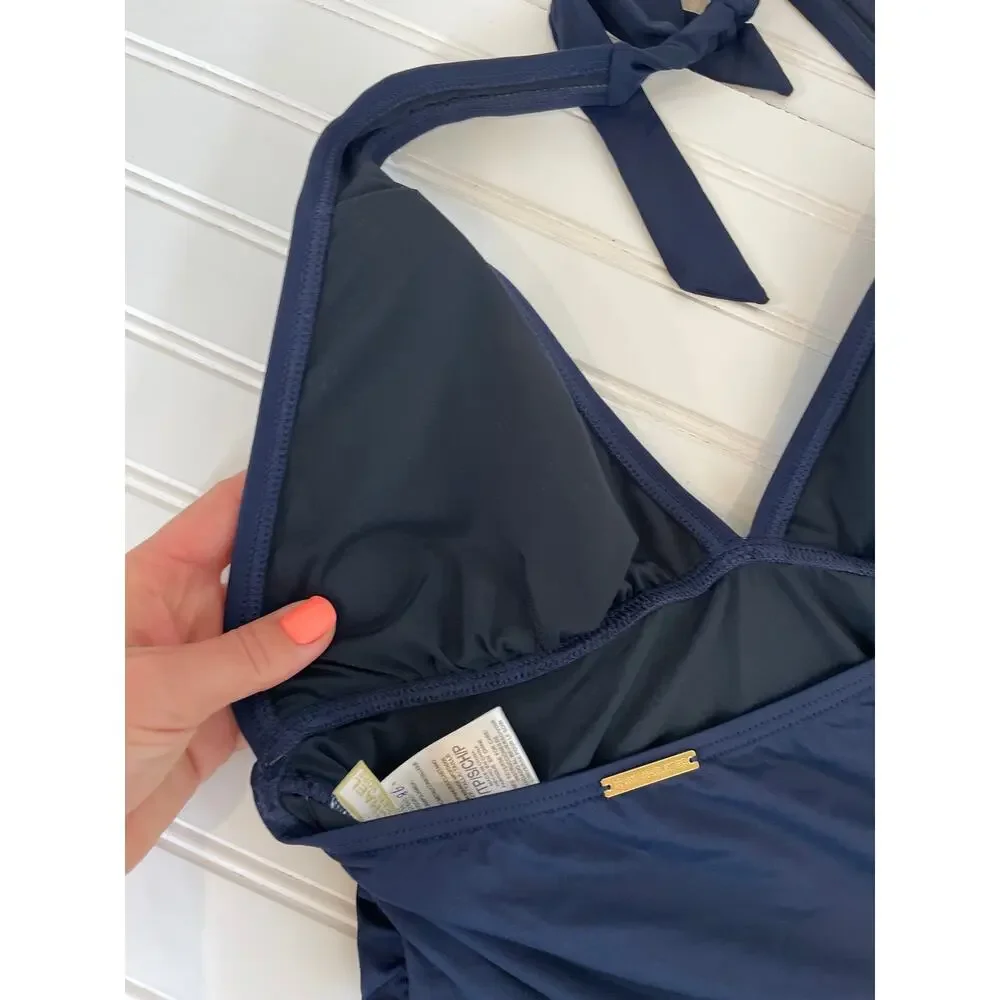 NWOT Michael Kors One Piece Bathing Suit Navy Blue V-Neck Padded Swimsuit Size S
